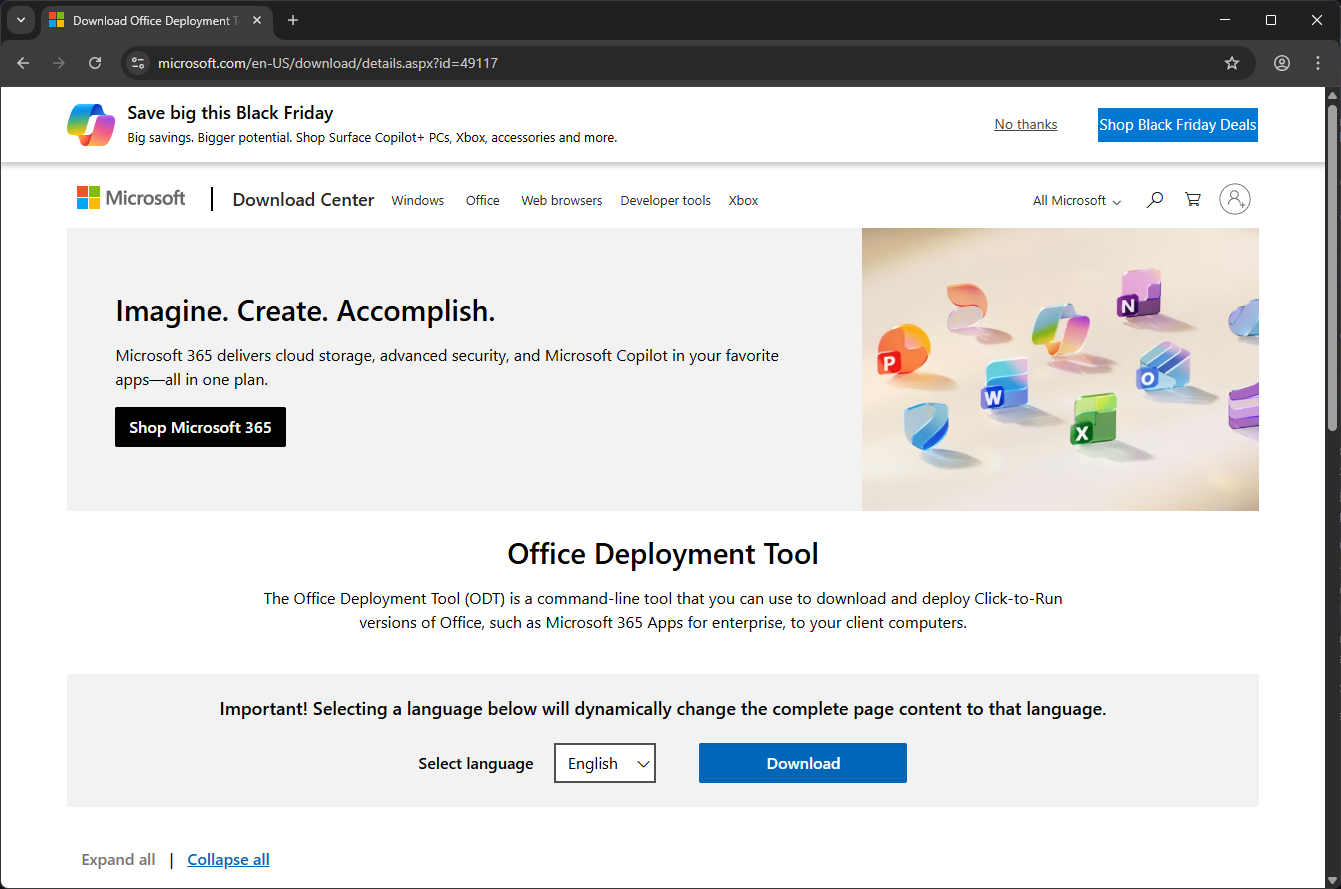 Página de descarga de ODT en el Centro de descarga de Microsoft