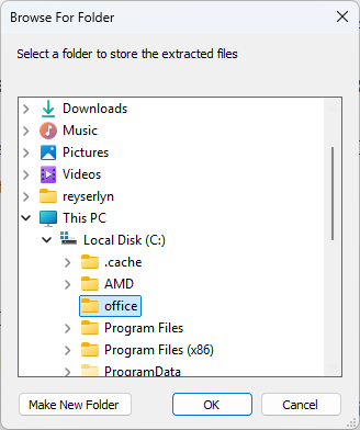 Seleccionando una ubicación para extraer el ODT