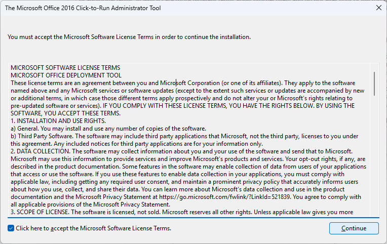 Página de licencia del Office Deployment Tool
