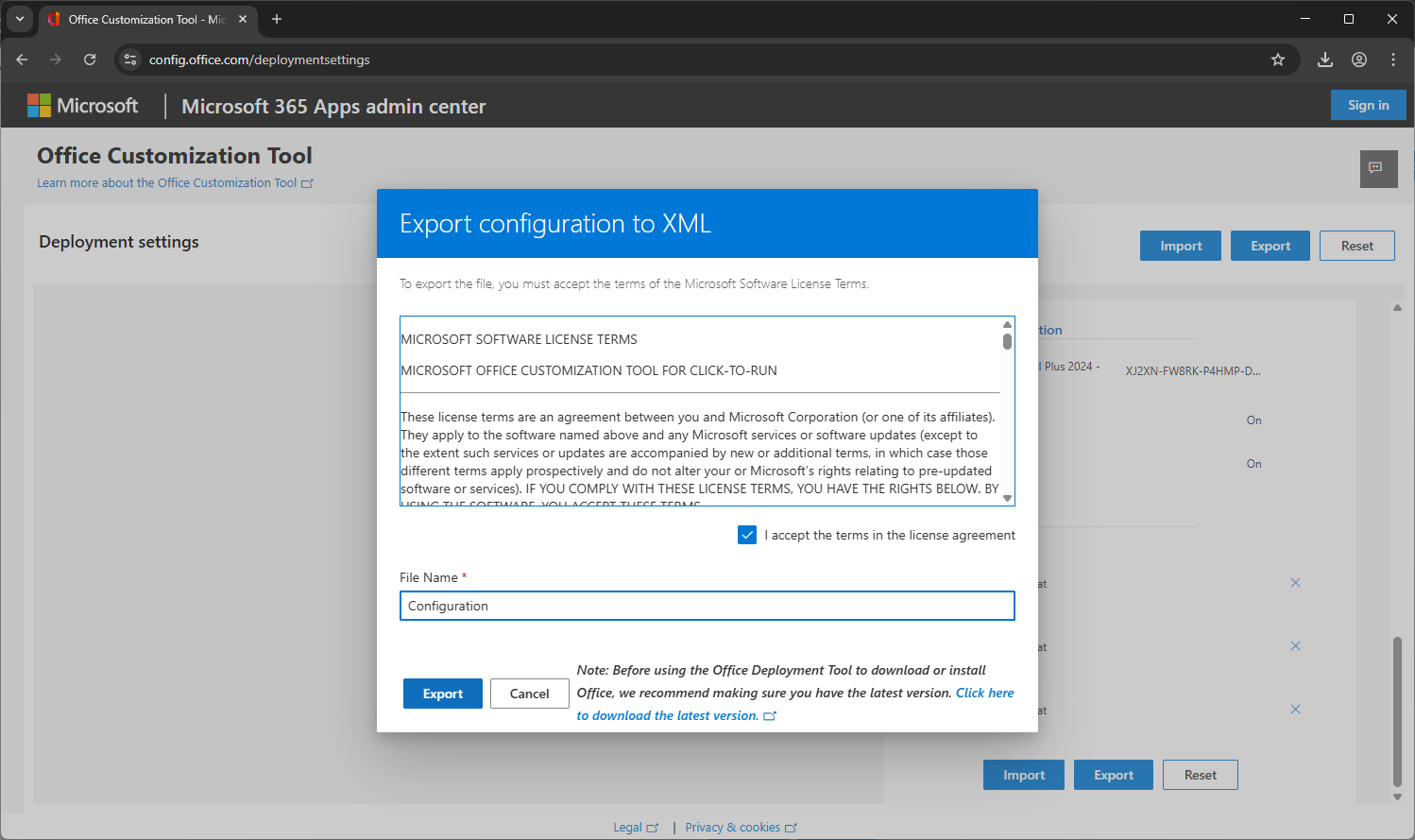 Opciones de exportación en Office Configuration Tool - 2