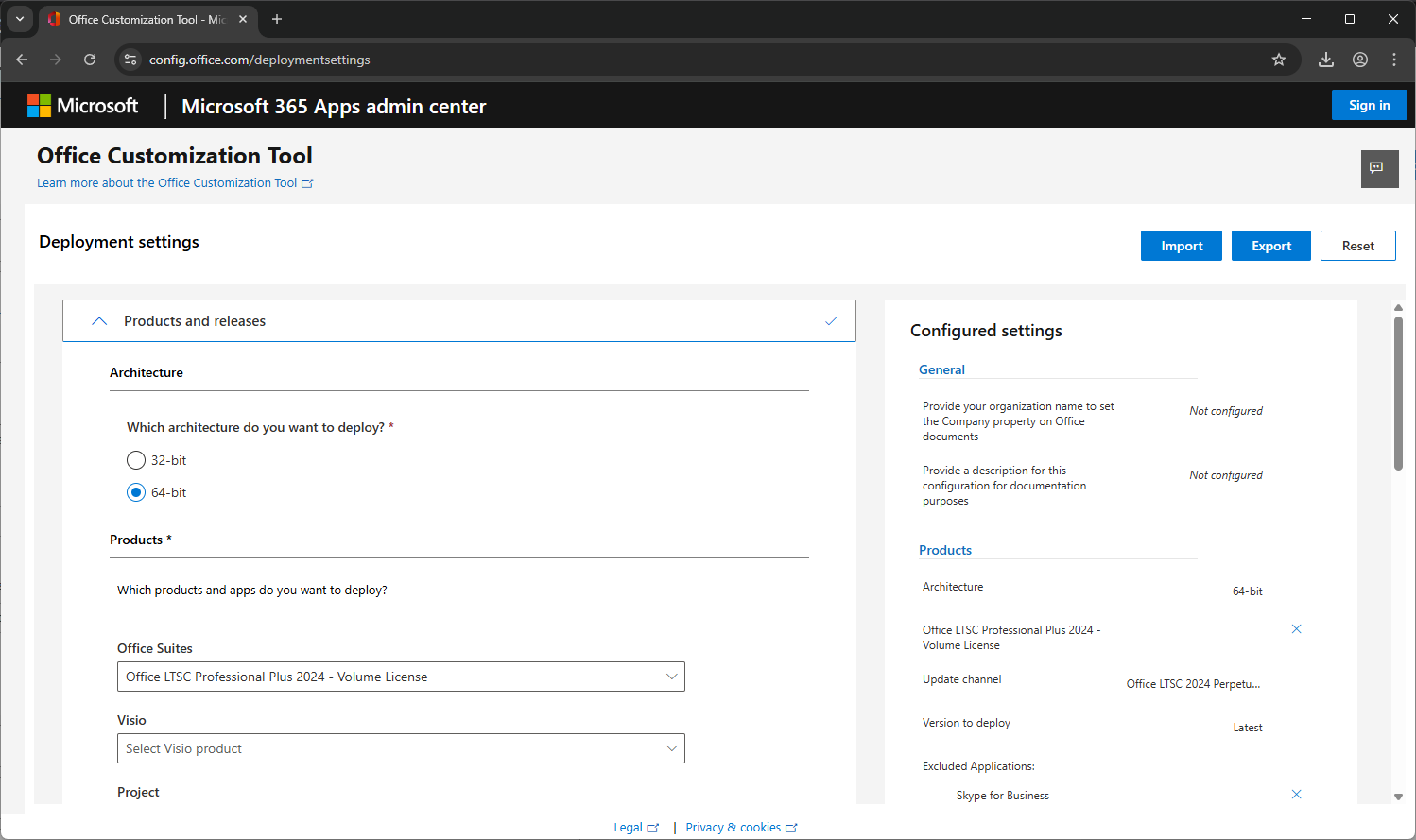 Opciones de configuración para Office Configuration Tool
