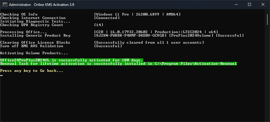 Comando de activación de Office finalizado
